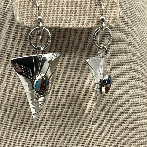 90's Handmade Sterling Silver Sail-Inspired Earrings with Multicolored Inlay - Picture 15 of 17